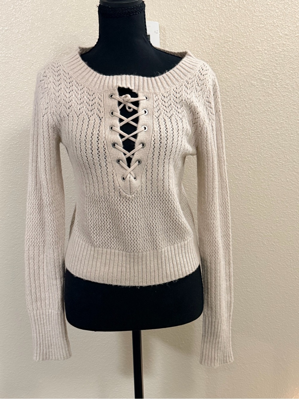 Express Lace-Up Scoopneck Knit Sweater - Cream